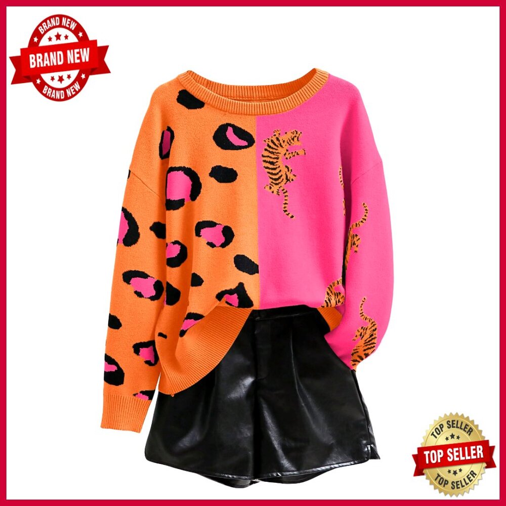 Leopard Print Pullover Sweater Color Block Crew Neck Long Sleeve Knit Top